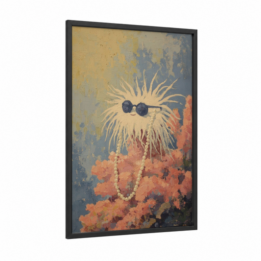 Whimsical Anemone framed sea anemone print — black wood frame — cream and blue palette