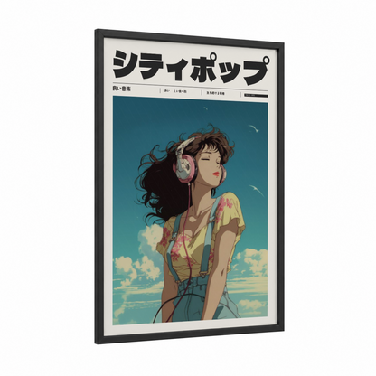 Dreamy Listener framed anime and manga print — black wood frame — blue and yellow gold palette