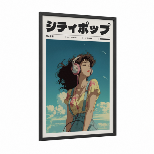 Dreamy Listener framed anime and manga print — black wood frame — blue and yellow gold palette