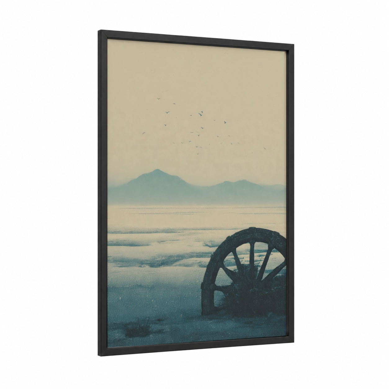Mountain Shipwheel framed art print — black wood frame — beige and teal palette