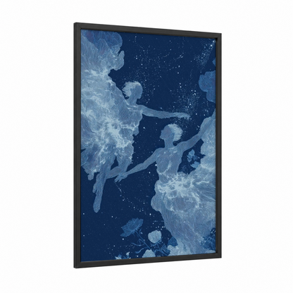 Celestial Gemini framed art print — black wood frame — dark blue and blue and white palette
