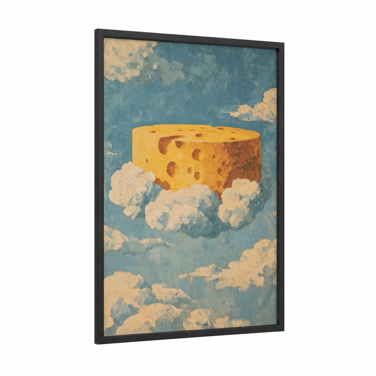 Dreamy Cheese framed art print — black wood frame — gold and blue and white palette