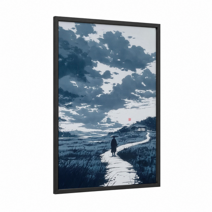 Solitary Path framed various landscapes print — black wood frame — blue and white and gray palette