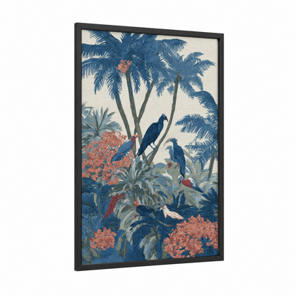 Tropical Paradise Birds framed tropical trees print — black wood frame — blue and russet palette