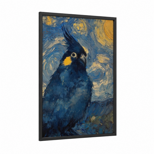 Starry Cockatiel framed art print — black wood frame — blue and gold and dark blue palette