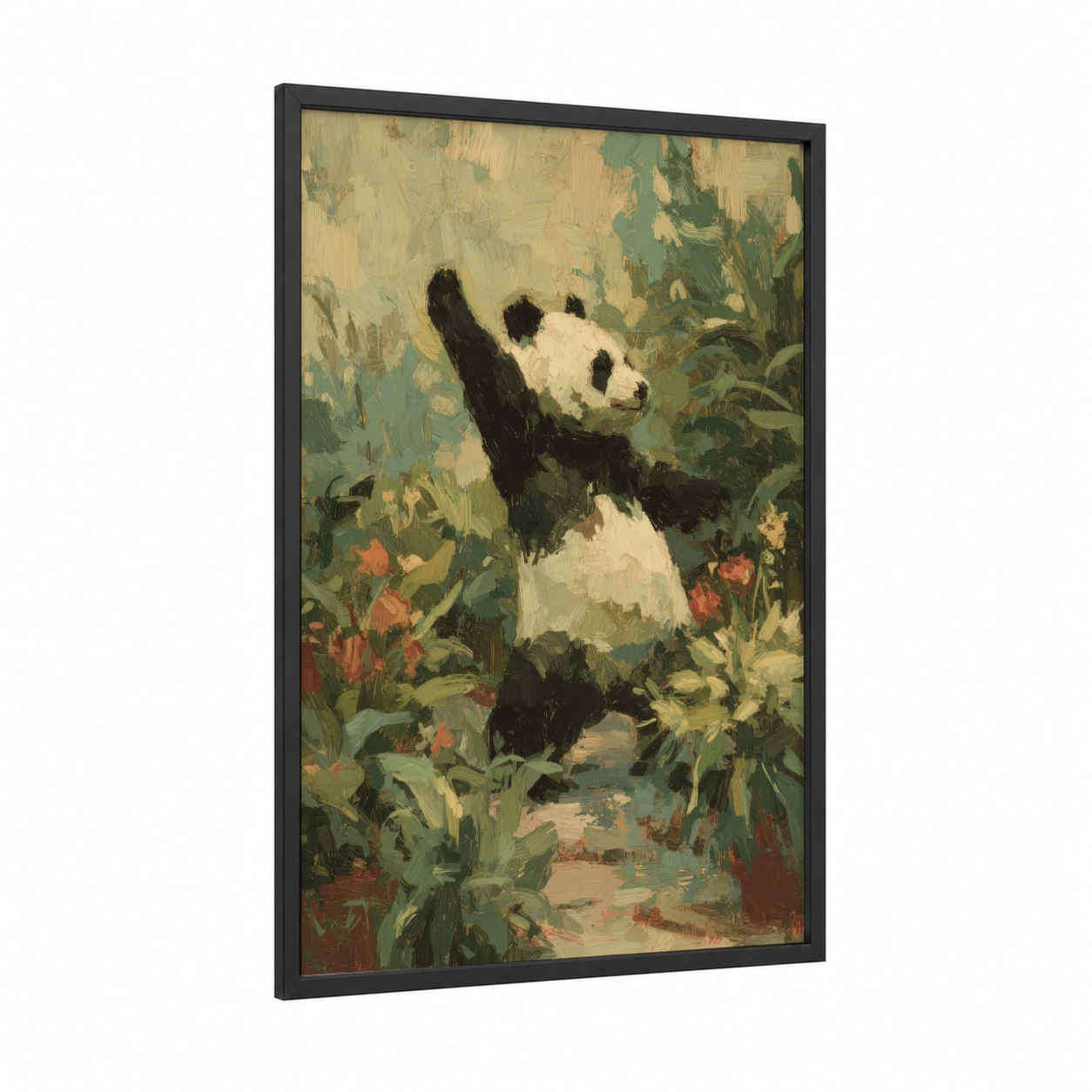 Playful Panda framed art print — black wood frame — cream and sage green palette