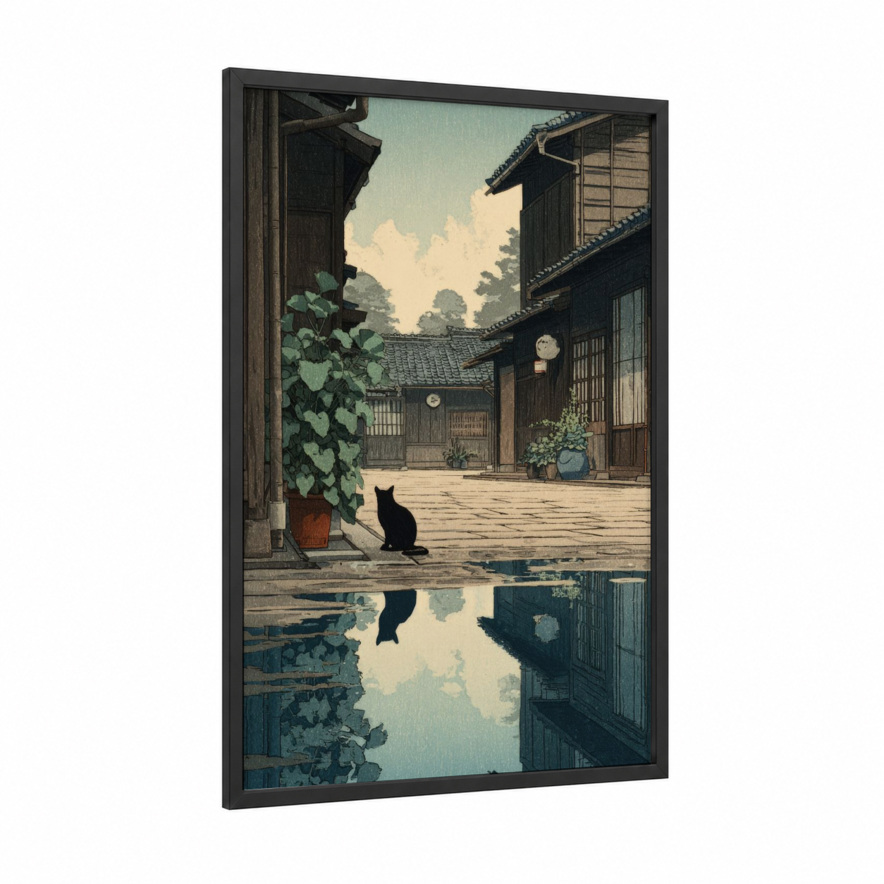 Courtyard Cat framed art print — black wood frame — black and white and sage green palette