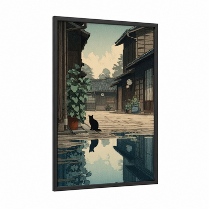 Courtyard Cat framed art print — black wood frame — black and white and sage green palette