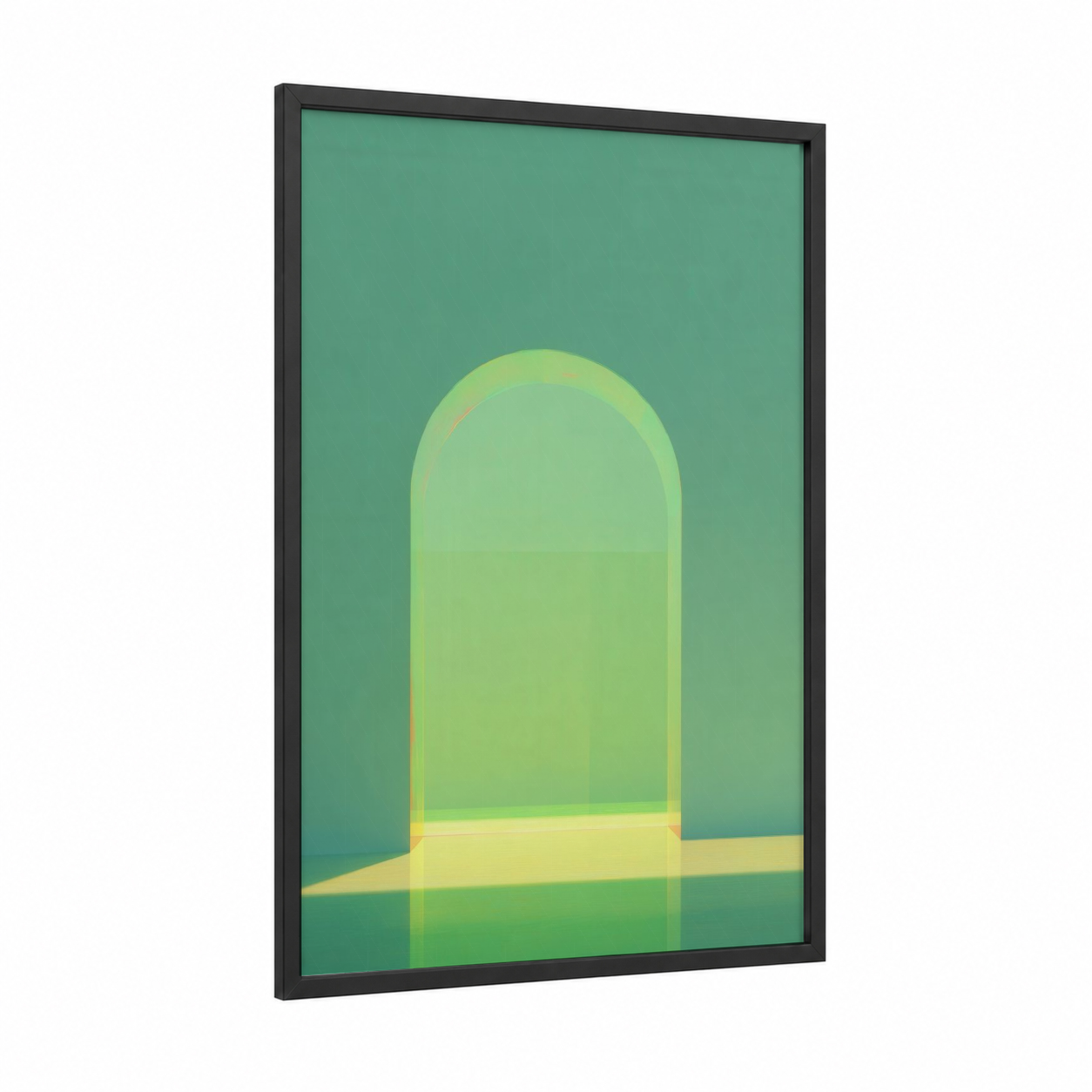 Luminous Arch framed art print — black wood frame — light green and yellow gold palette