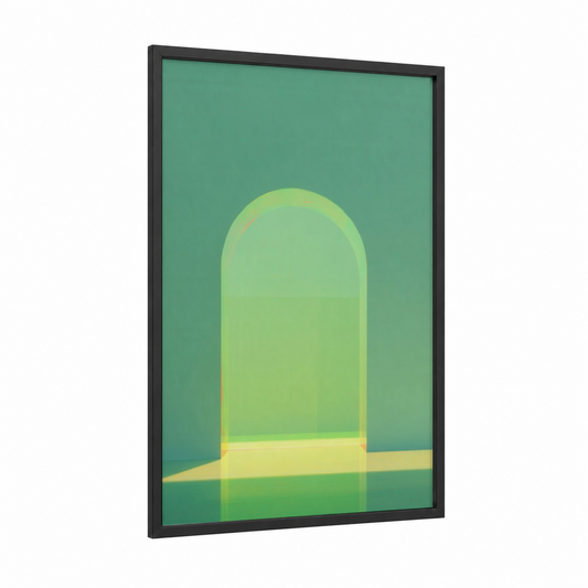 Luminous Arch framed art print — black wood frame — light green and yellow gold palette
