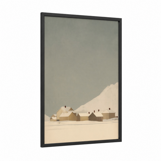 Snowy Village framed art print — black wood frame — cream and dove gray palette