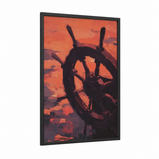 Crimson Shipwheel framed art print — black wood frame — orange and maroon palette