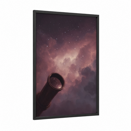 Cosmic Spyglass framed art print — black wood frame — magenta and purple palette