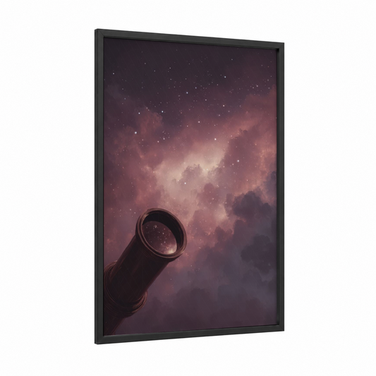 Cosmic Spyglass framed art print — black wood frame — magenta and purple palette