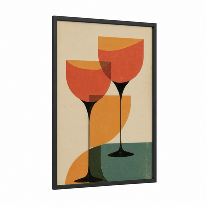 Retro Champagne Trio framed art print — black wood frame — orange and red palette