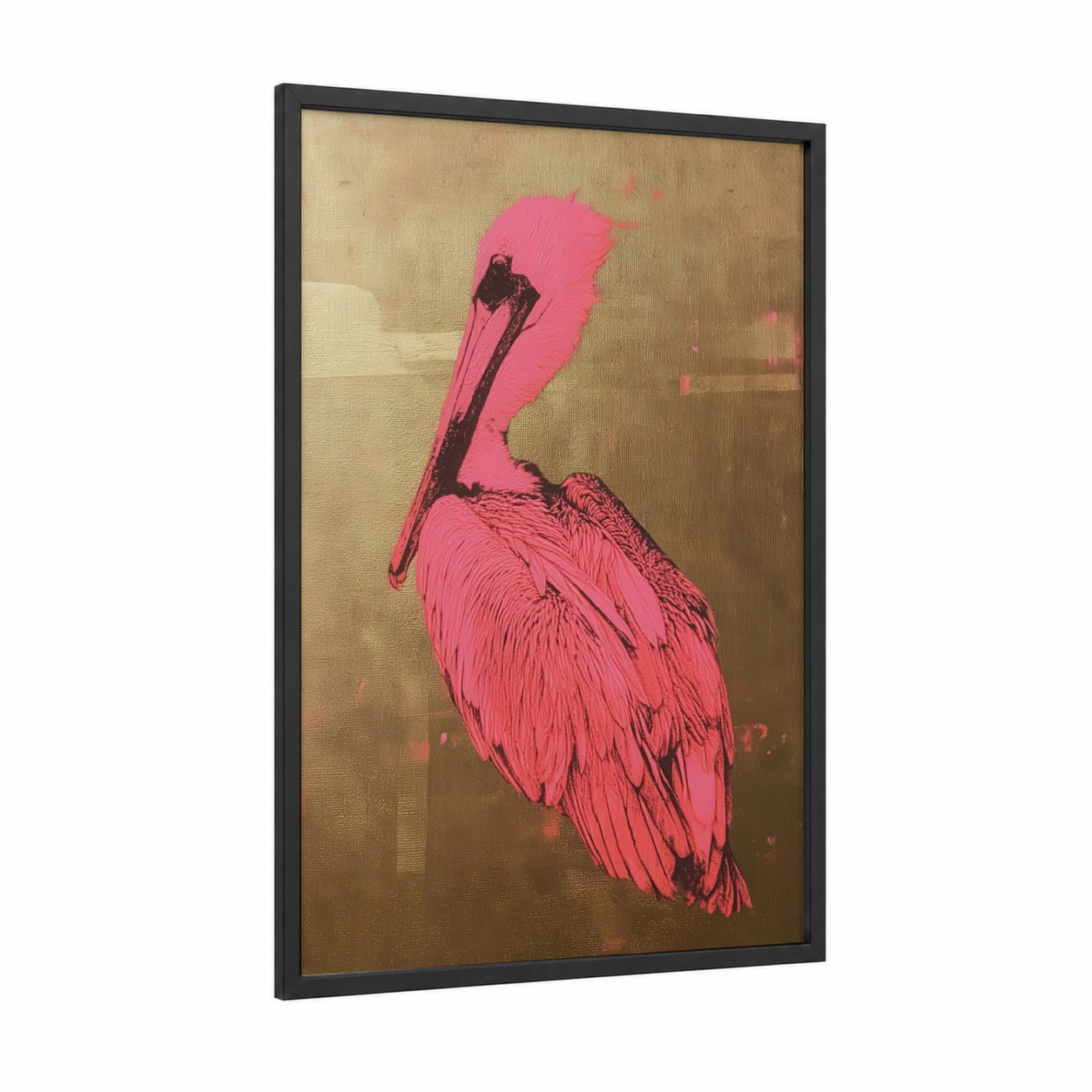 Pink Pelican Portrait framed art print — black wood frame — pink and gold palette