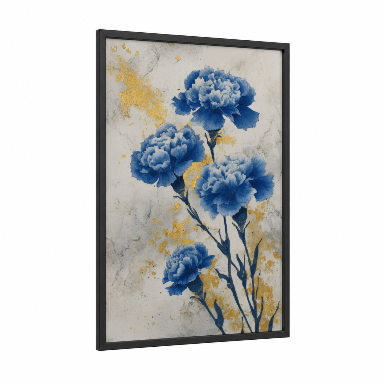 Sapphire Carnations framed art print — black wood frame — blue and yellow gold palette