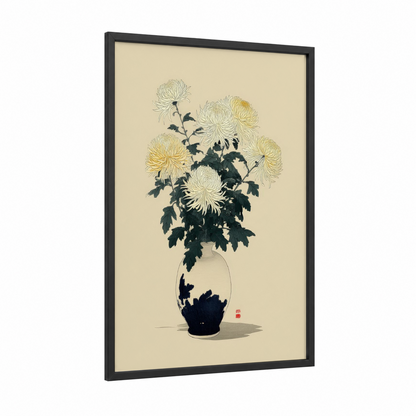 Chrysanthemum Arrangement framed art print — black wood frame — cream and gold palette