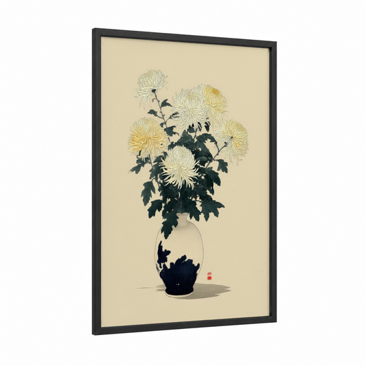 Chrysanthemum Arrangement framed art print — black wood frame — cream and gold palette