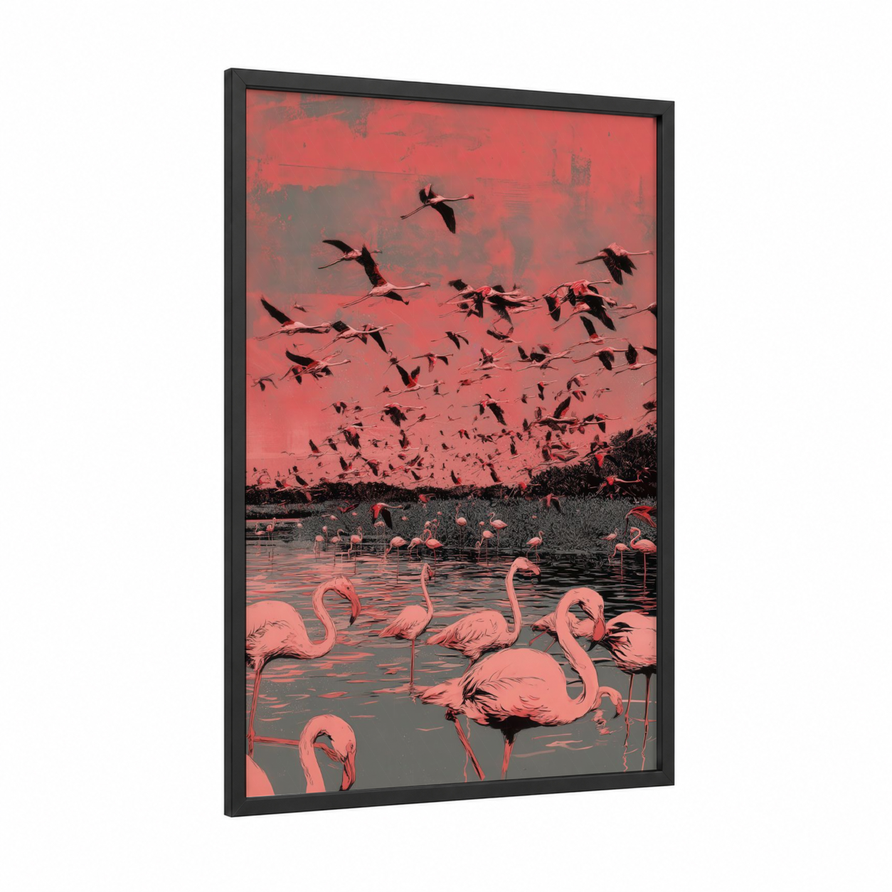 Crimson Flamingo Flight framed art print — black wood frame — salmon pink and gray palette