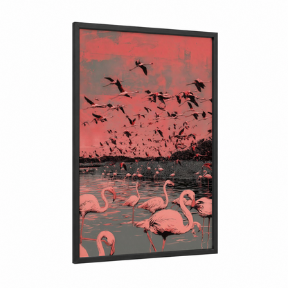 Crimson Flamingo Flight framed art print — black wood frame — salmon pink and gray palette