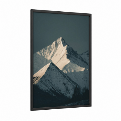 Alpine Summit Dawn framed winter print — black wood frame — gray and white palette