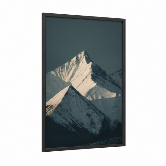 Alpine Summit Dawn framed winter print — black wood frame — gray and white palette