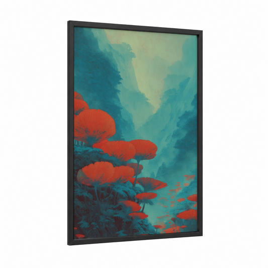 Crimson Canyon Dreamscape framed art print — black wood frame — teal and red palette