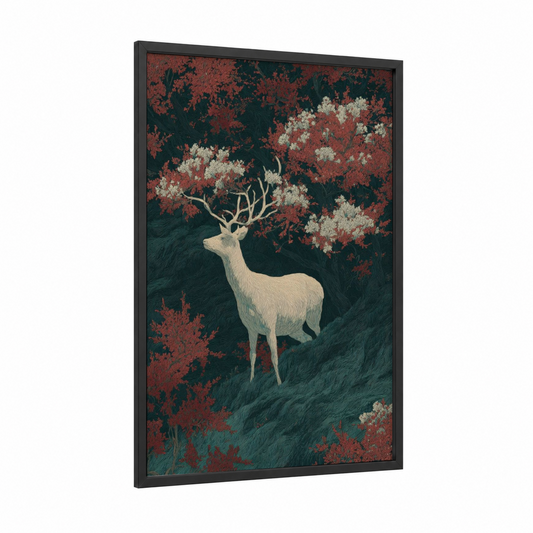 Enchanted Deer framed fairytale print — black wood frame — maroon and white palette