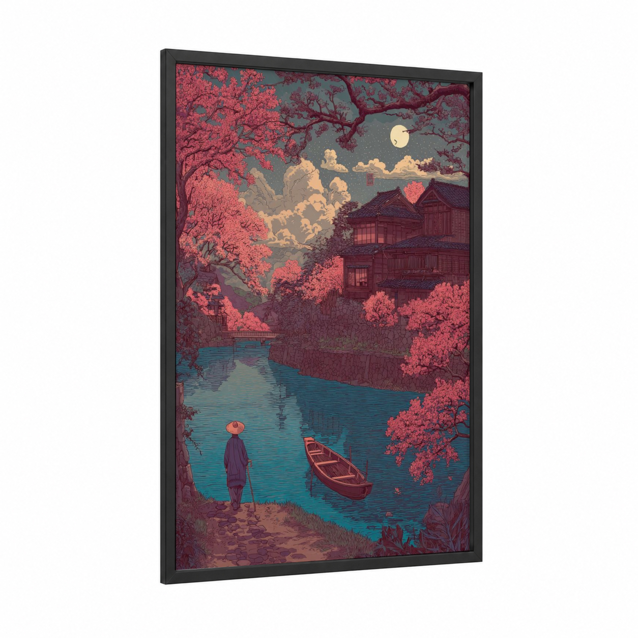 Moonlit Cherry Blossoms framed art print — black wood frame — magenta and teal palette