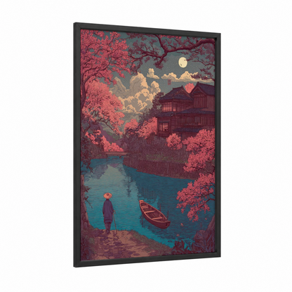 Moonlit Cherry Blossoms framed art print — black wood frame — magenta and teal palette