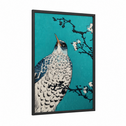 Turquoise Kiwi framed art print — black wood frame — turquoise and black and white palette