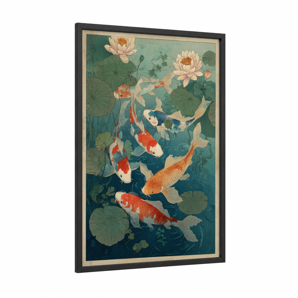 Lotus Koi Garden framed koi fish print — black wood frame — teal and cream palette