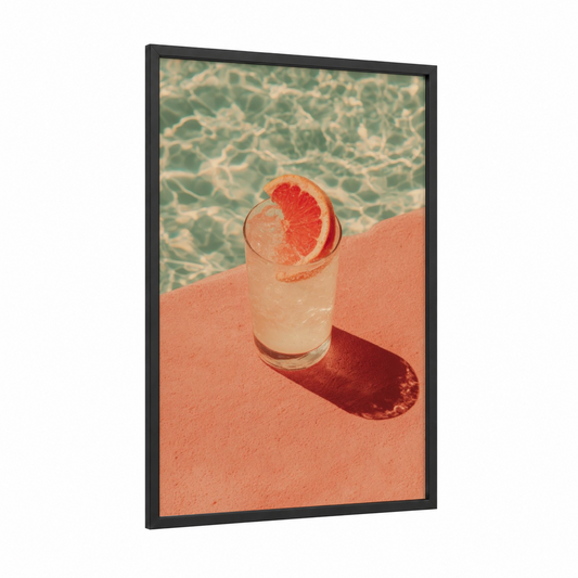 Poolside Grapefruit framed cocktail print — black wood frame — peach and turquoise palette