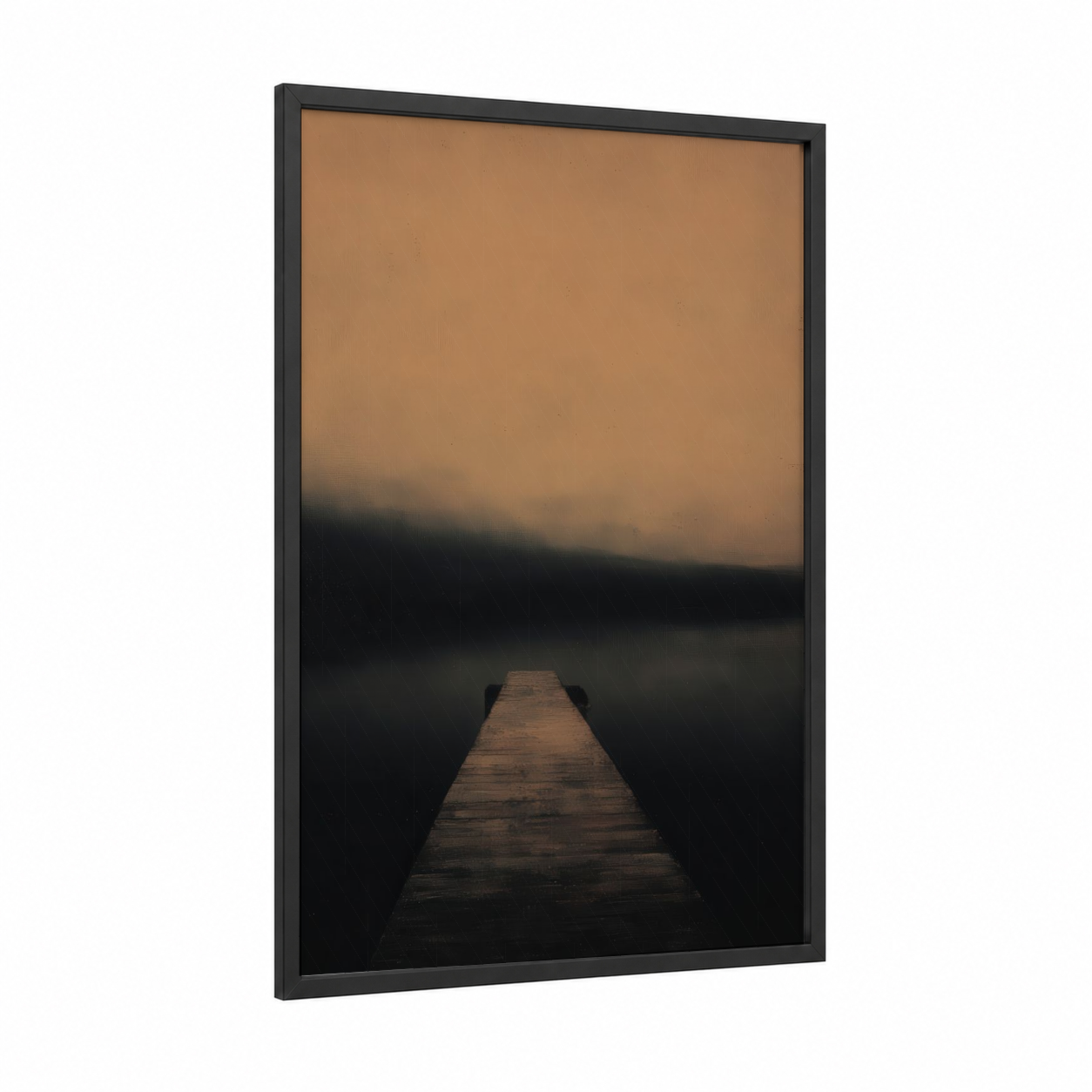 Misty Pier Reflection framed docks and piers print — black wood frame — nobel and black palette