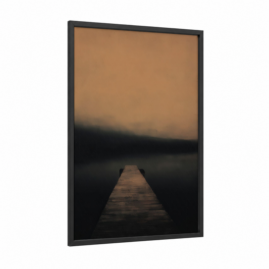 Misty Pier Reflection framed docks and piers print — black wood frame — nobel and black palette
