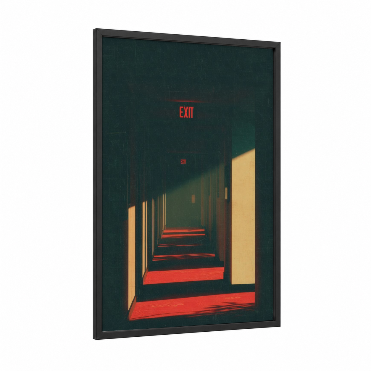 Neon Exit Corridor framed hotel print — black wood frame — dark green and red palette