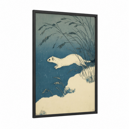 Snowy Weasel framed art print — black wood frame — blue and white and gray palette