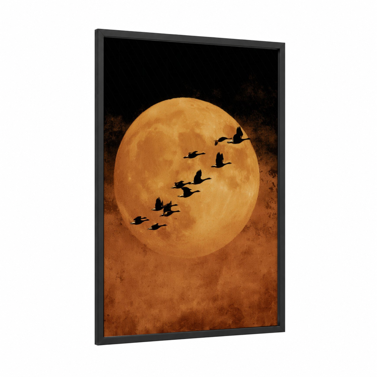 Moonlit Duck Flight framed ducks print — black wood frame — gold and black palette