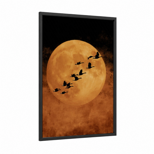 Moonlit Duck Flight framed ducks print — black wood frame — gold and black palette