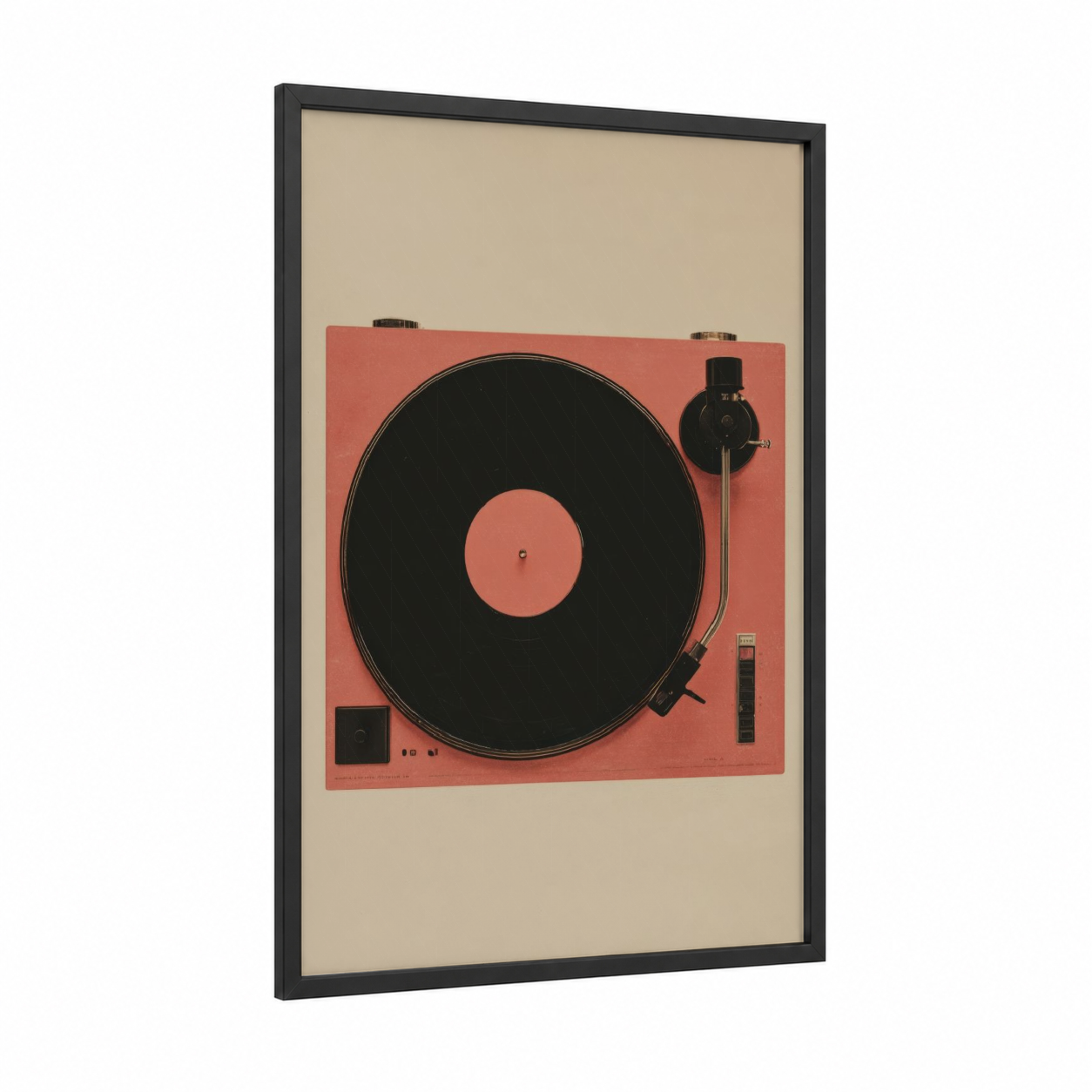 Coral Turntable framed vinyl records print — black wood frame — salmon pink and black palette