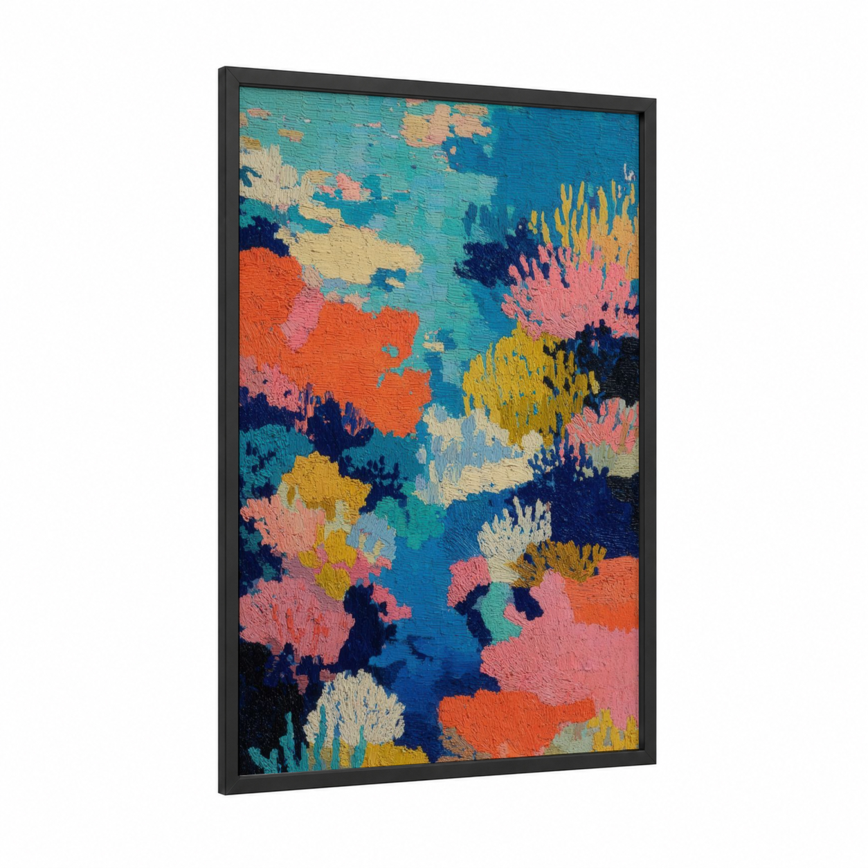 Vibrant Coral Garden framed art print — black wood frame — turquoise and orange palette