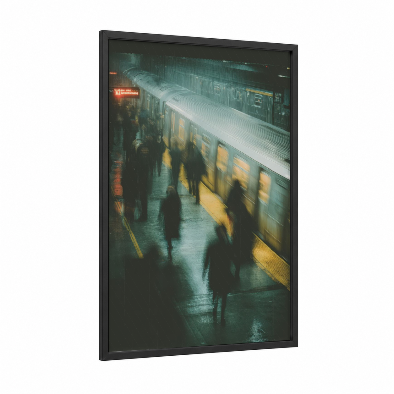 Urban Metro Commute framed subway print — black wood frame — teal and gold palette