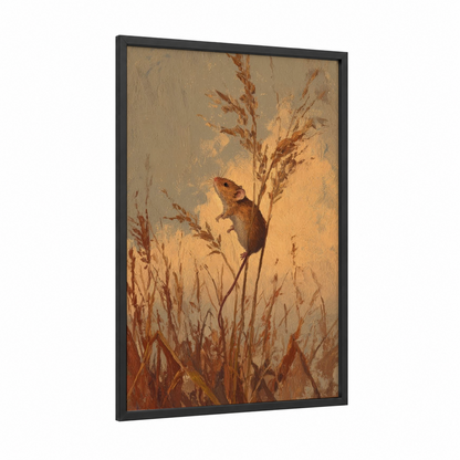 Harvest Mouse framed mice print — black wood frame — gold and russet palette