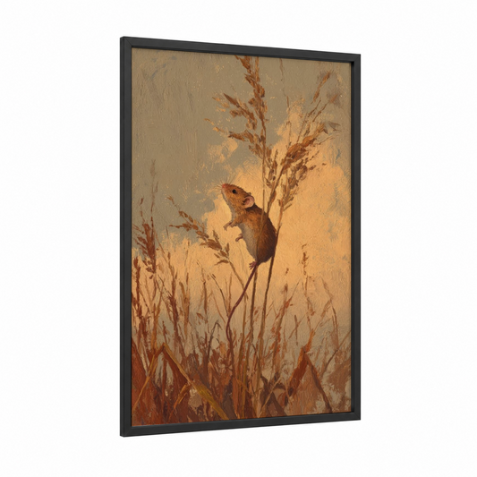 Harvest Mouse framed mice print — black wood frame — gold and russet palette