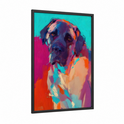 Neon Mastiff framed art print — black wood frame — magenta and turquoise palette