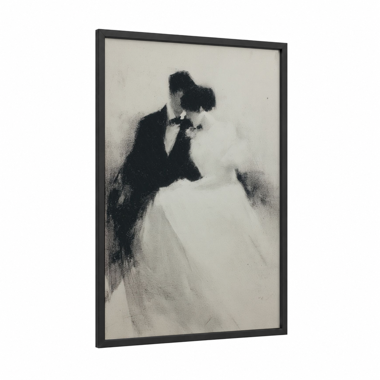 First Kiss Embrace framed groom and bride print — black wood frame — black and white and gray palette