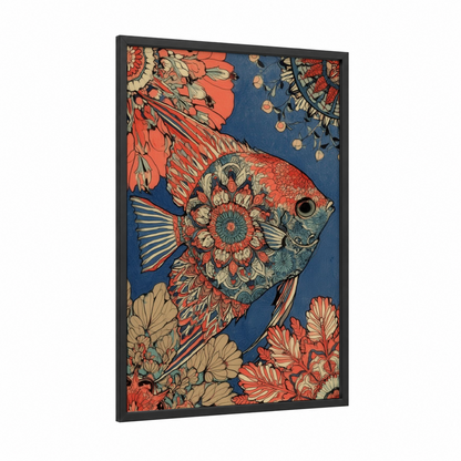 Ornamental Angel Fish framed art print — black wood frame — red and blue palette