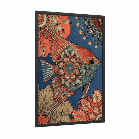 Ornamental Angel Fish framed art print — black wood frame — red and blue palette