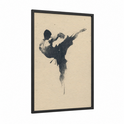 Dynamic Kick Boxer framed kick boxing print — black wood frame — black and white and cream palette